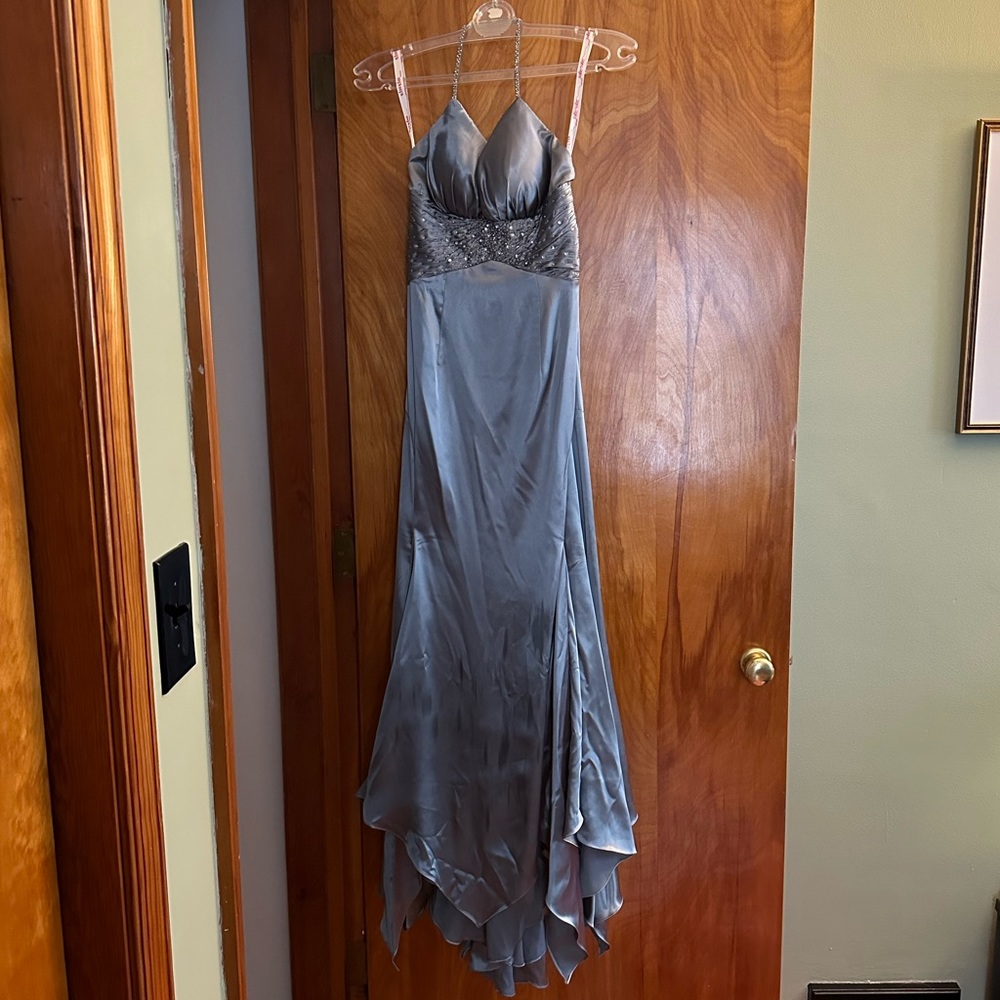 Kiss kiss satin slate gray prom dress